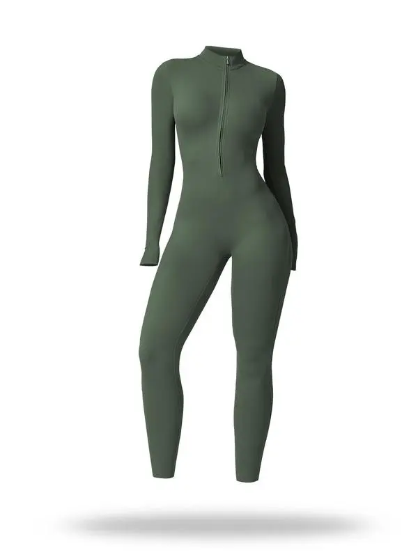 Sporty Women's Solid Color Half Zip Mock Neck Sports Jumpsuit