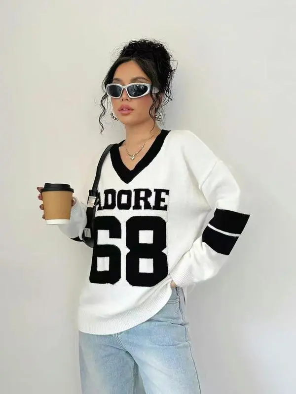 Autumn Winter Color Block V Neck Sweater for Women