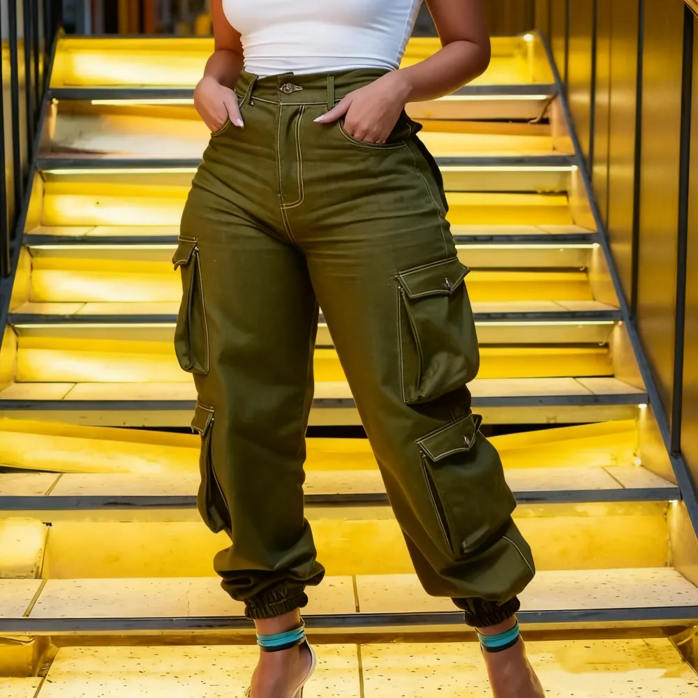 Women's Y2K High-Waist Cargo Denim Flap Pocket Pants