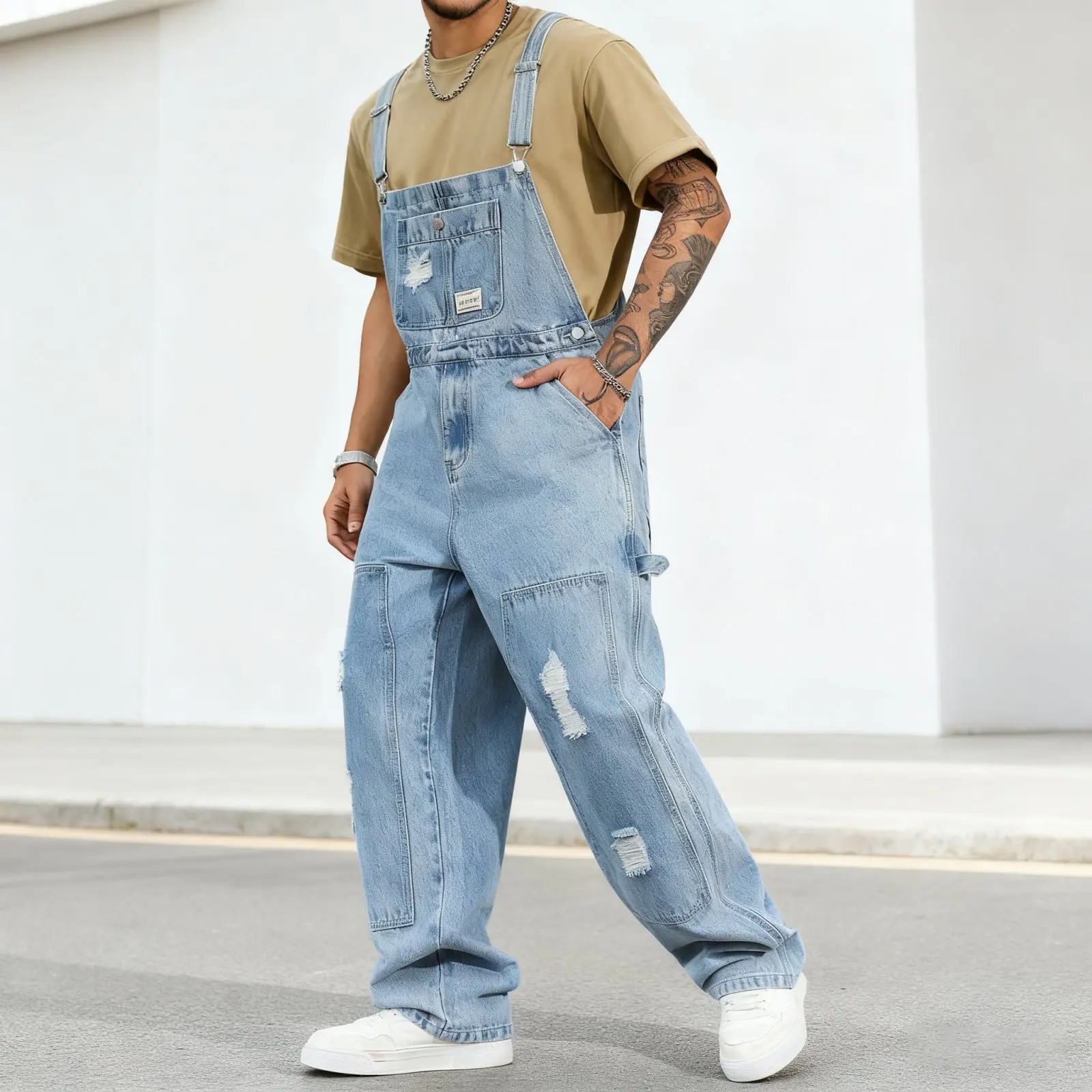 Spring Men's Letter Print Distressed Casual Versatile Denim Bib Overalls Hang