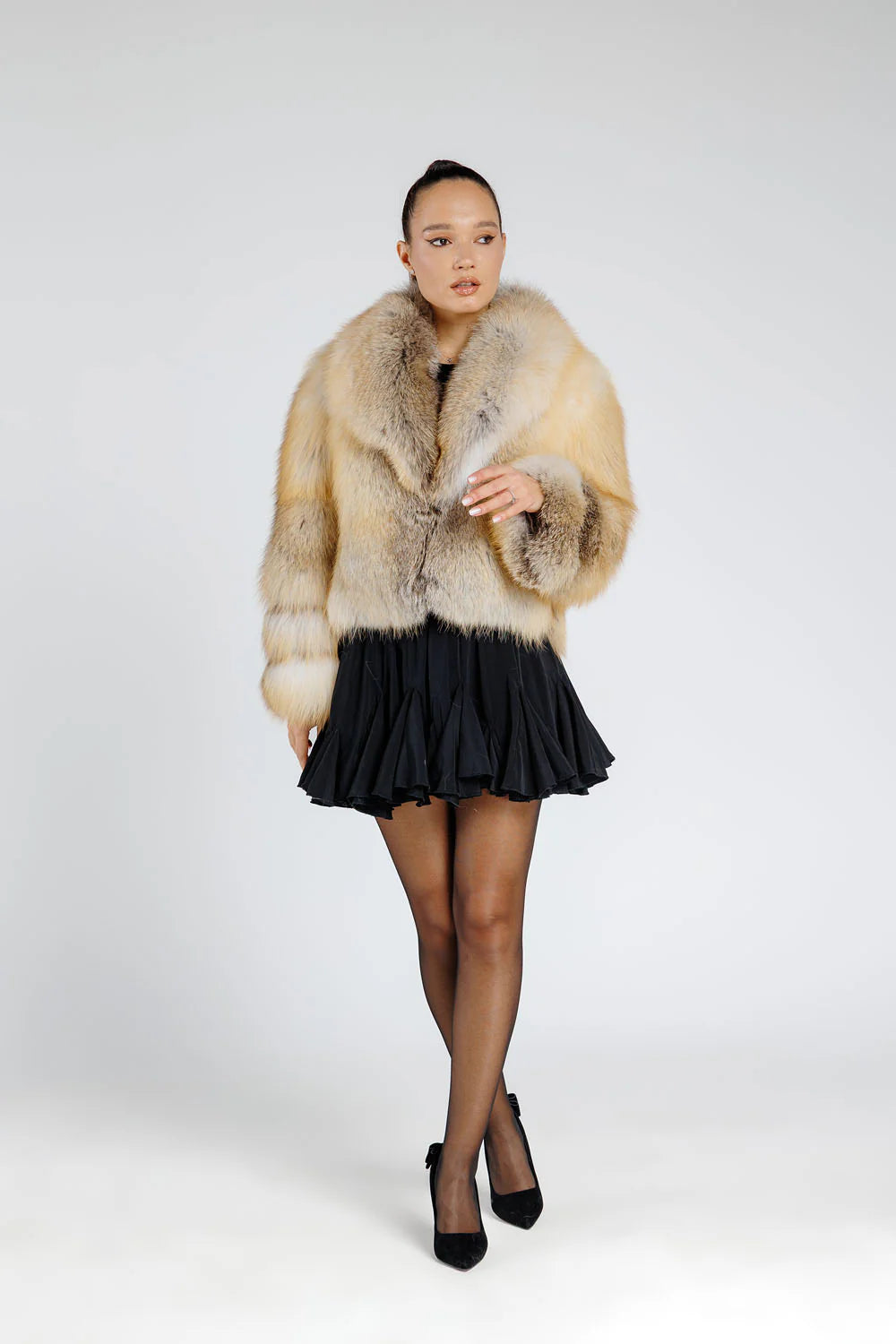 Haină din Blană Naturală de Vulpe, cu Guler Rever, Femei, Gold Frost 382