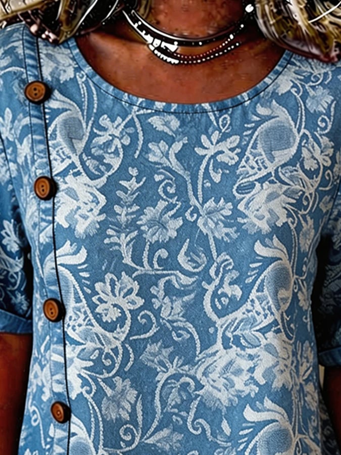 Women's Casual Denim Jacquard Short-Sleeve Top