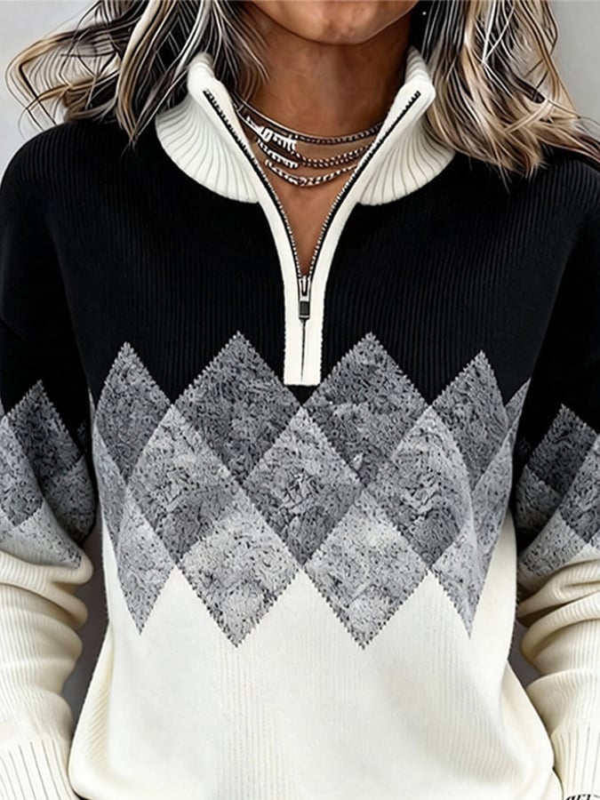 Women'S Casual Turtleneck Color-Blocked Print Pullover