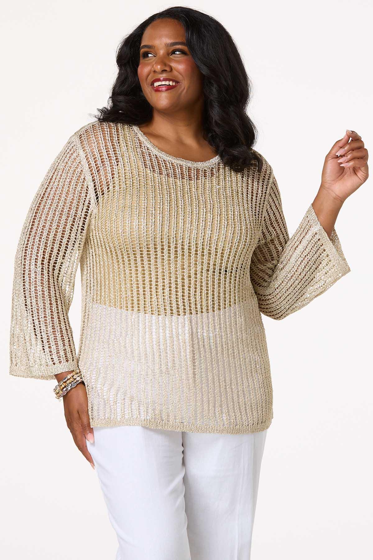 Plus Size Open Knit Sequin Yarn Sweater