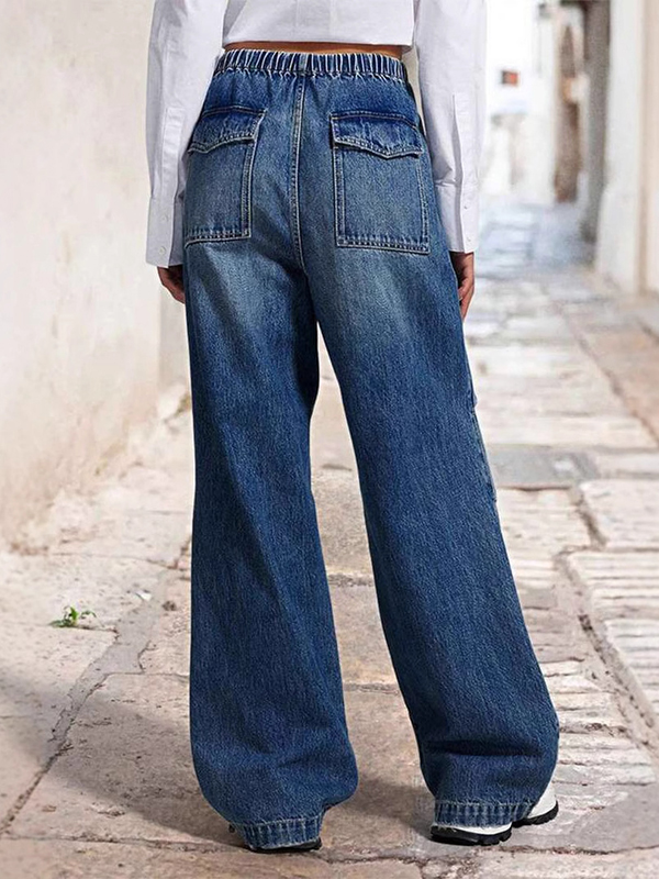 Drawstring Elasticity Gradient High Waisted Loose Jean Pants Bottoms