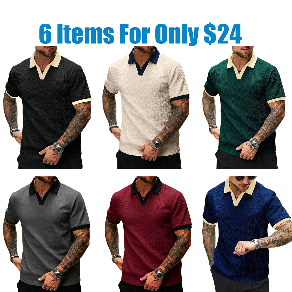 Men's Retro Colorblock Polo Shirt, Textured V Neck Short Sleeve Top, Casual Street Style, Summer Fashion, Fitted Leisurewear