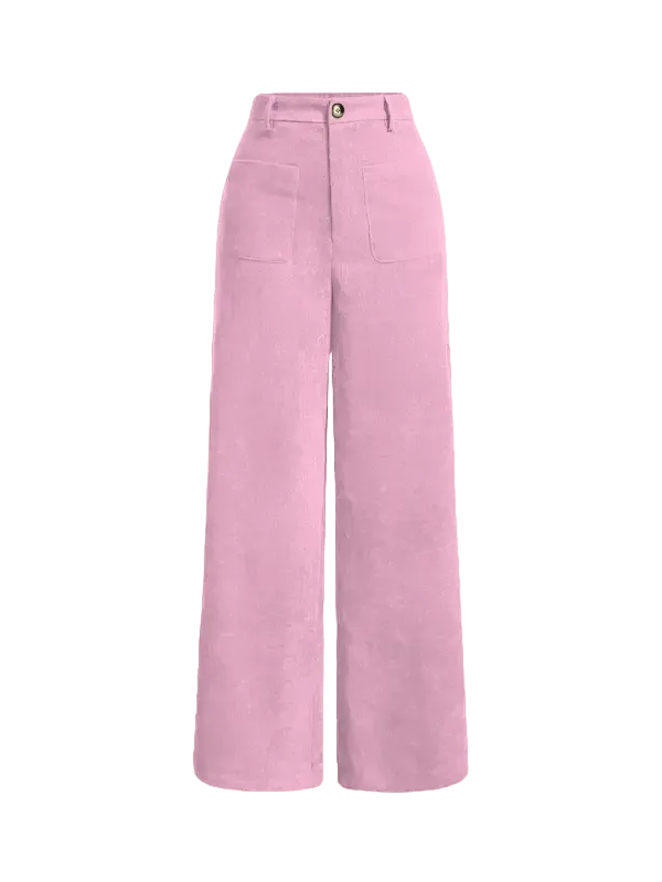 Women's solid color wide-leg pants with pockets and buttons