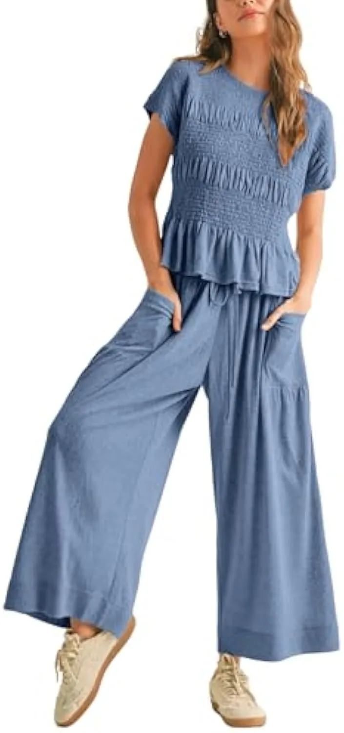 Casual Boho Matching Set Smocked Top & Wide-Leg Pants
