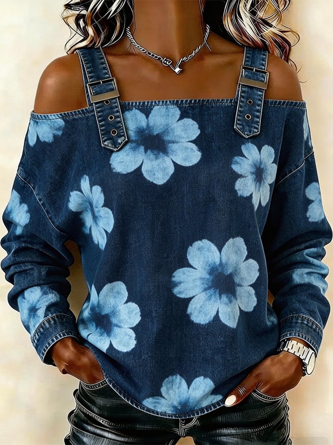 Women's denim casual printed off-shoulder top