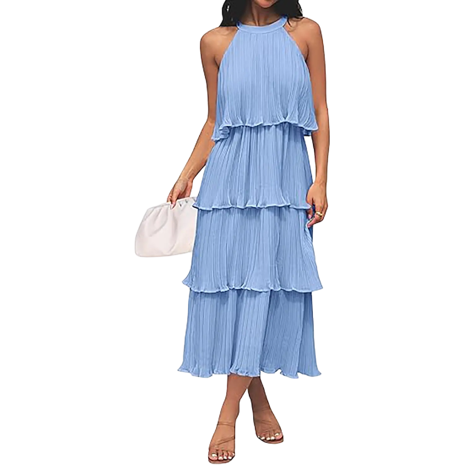 Women's 2025 Summer Sleeveless Halter Neck Ruffle Tiered Layed Chiffon Flowy Swing Long Midi Dress