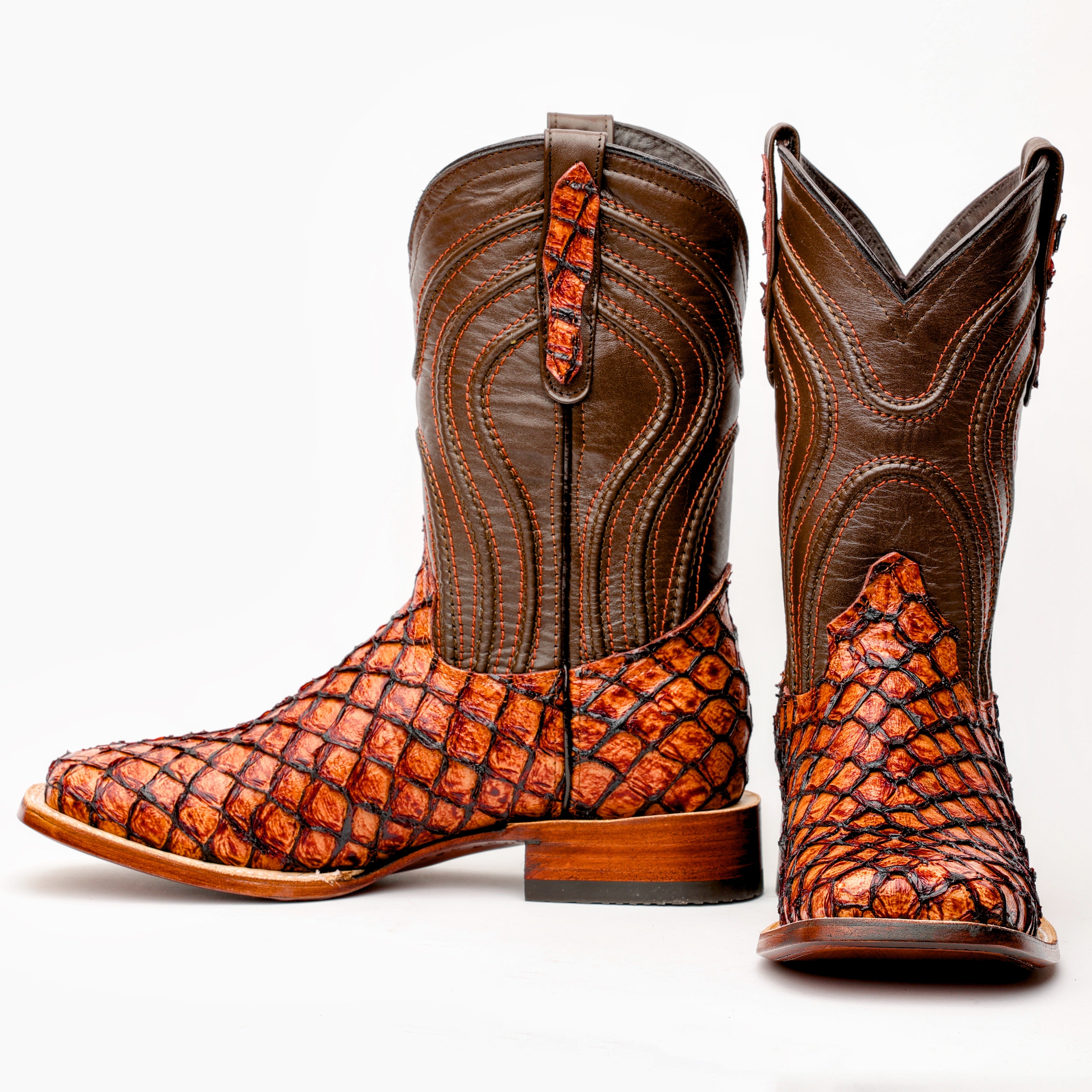 Cognac Mini Pirarucu Leather Boots - Square Toe