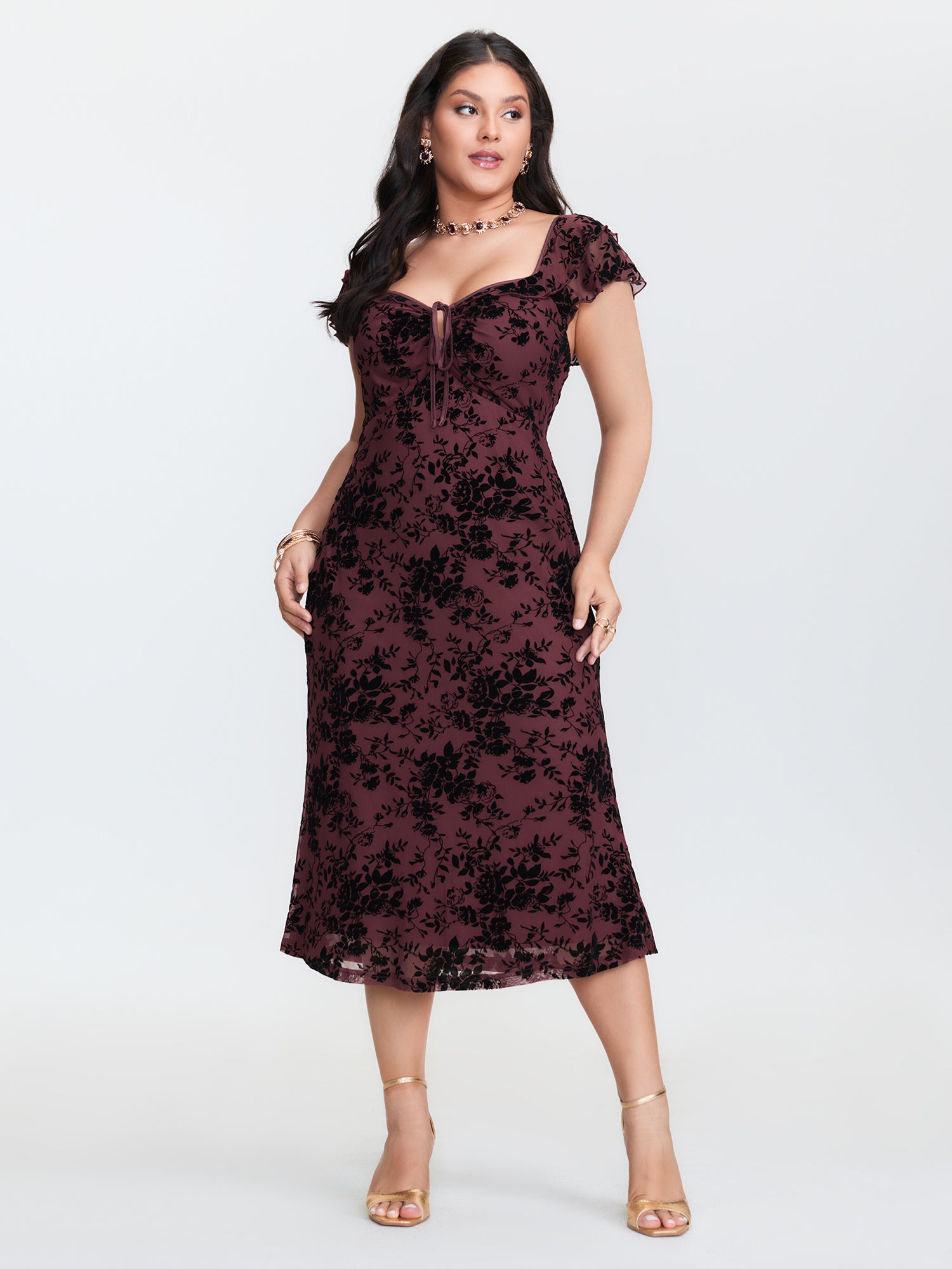 Floral Flocked Mesh Ruched Drawstring Midi Dress