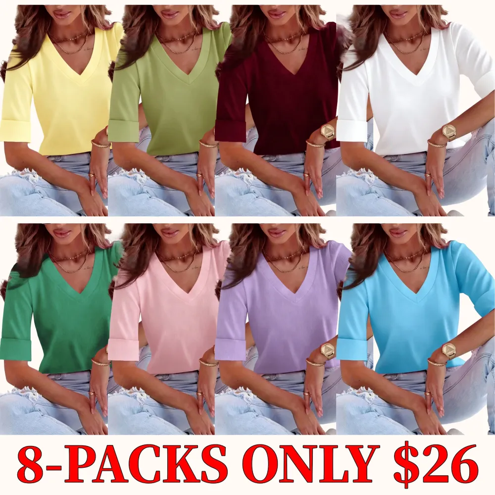 Plus Size Solid V Neck Roll Up Sleeve Tee, Casual T-shirt , Women's Plus Clothing for Daily Wear, Cute Tops, Quality and Durability