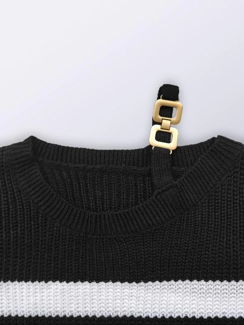 Women's Striped Print Asymmetrical Neck Buckle Decor Sweater