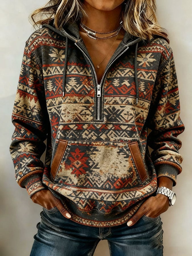 Women's Casual Retro Western Print Zip-Up Sweatshirt