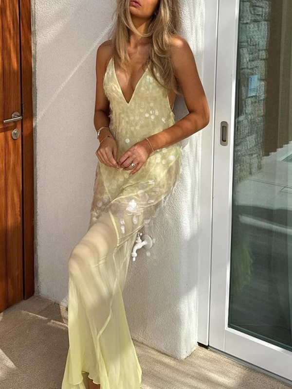 Shiny Sequinned Spaghetti-Neck Backless Sexy Mermaid Maxi Dresses