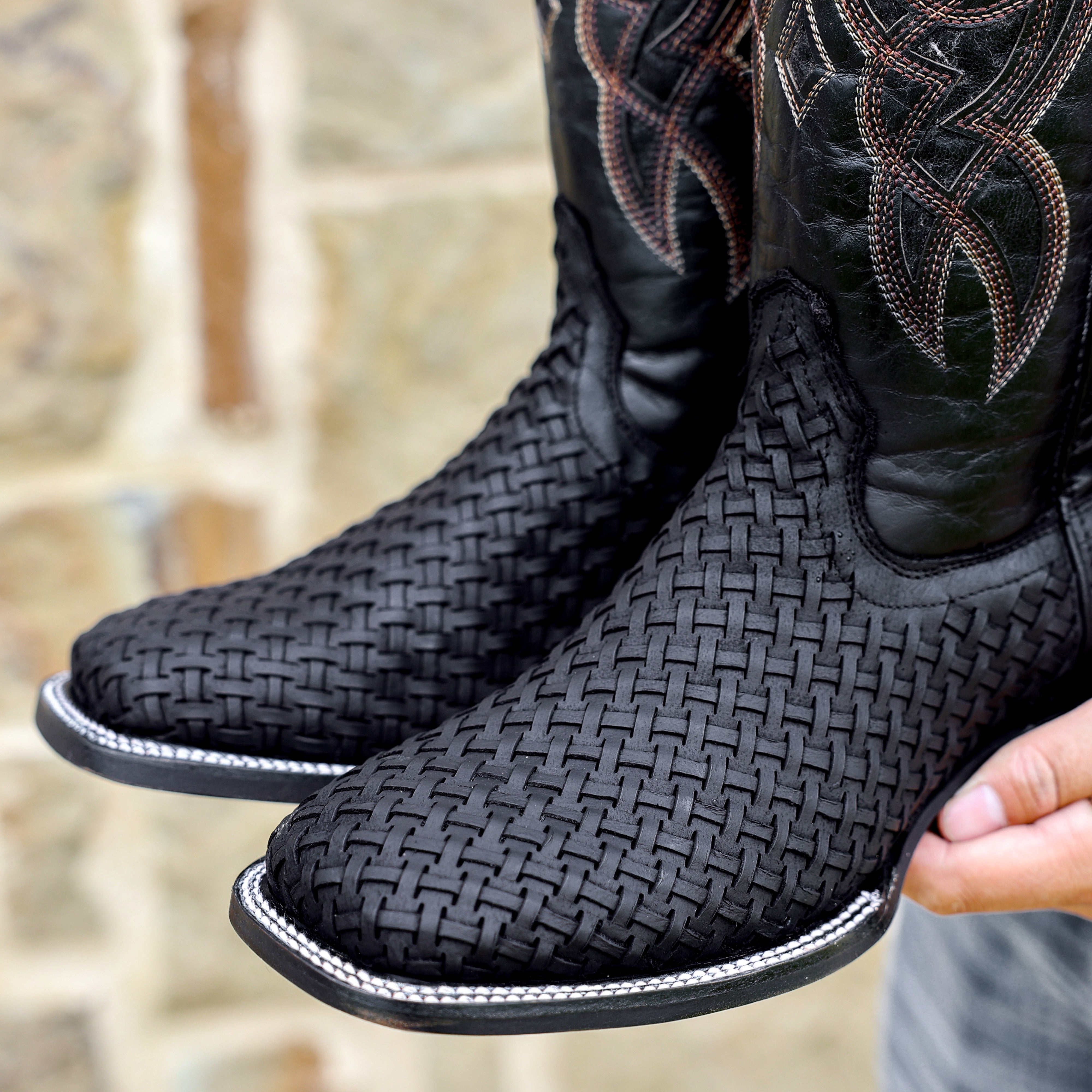 Black Basketweave Leather Boots - Square Toe