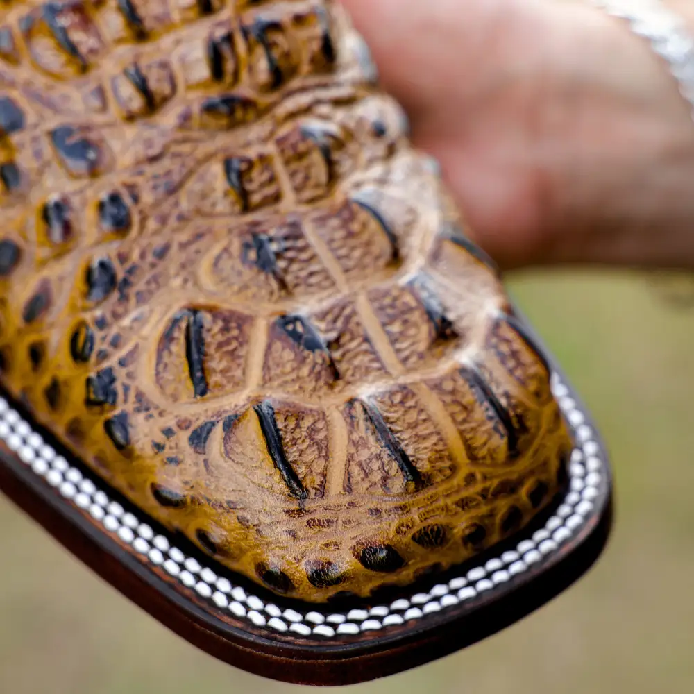 Honey Caiman Neck Leather Boots - Square Toe
