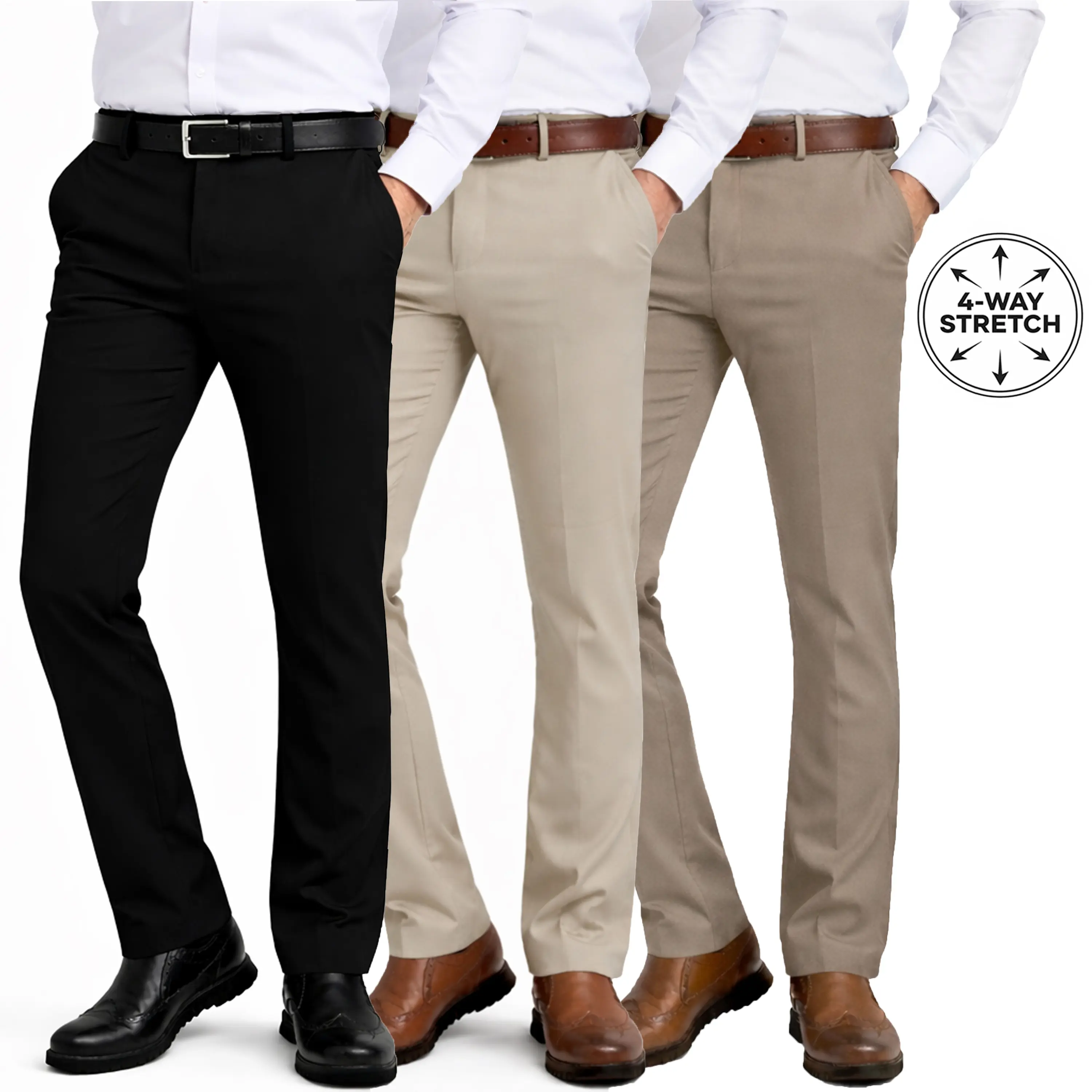 3-Pack Mens Flex Stretch Slim Fit Dress Pants (Sizes, 30-40)