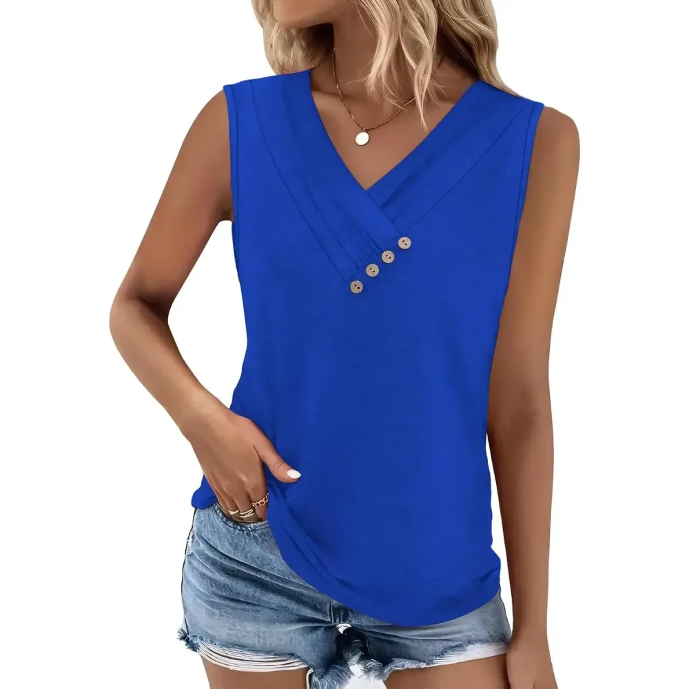 Women Summer Button Down V Neck T Shirts Sleeveless Loose Fit Fashion Tops