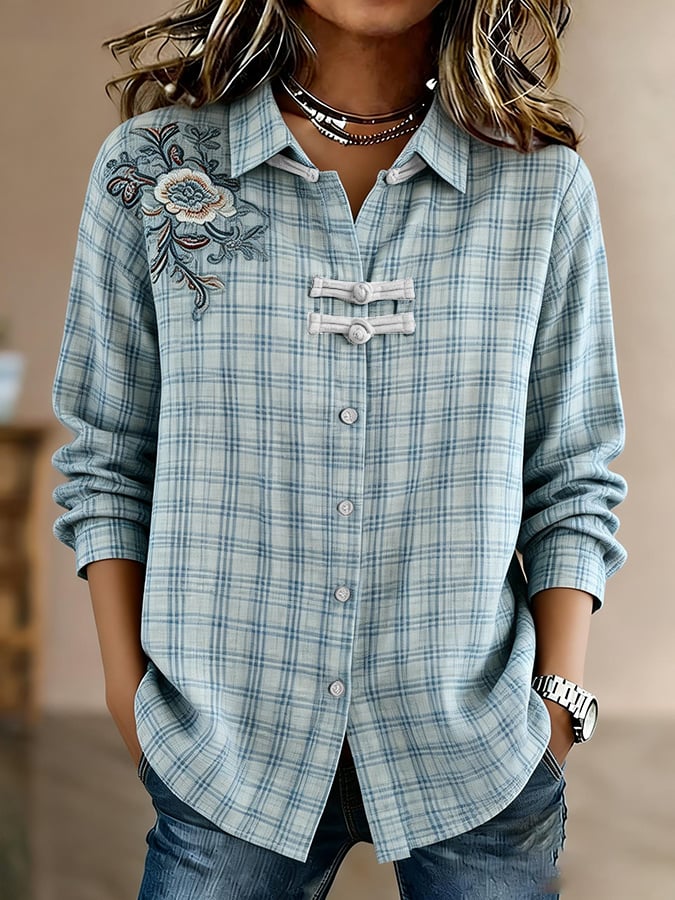 Women's Retro Plaid Cotton-Linen Shirt with Frog Closures
