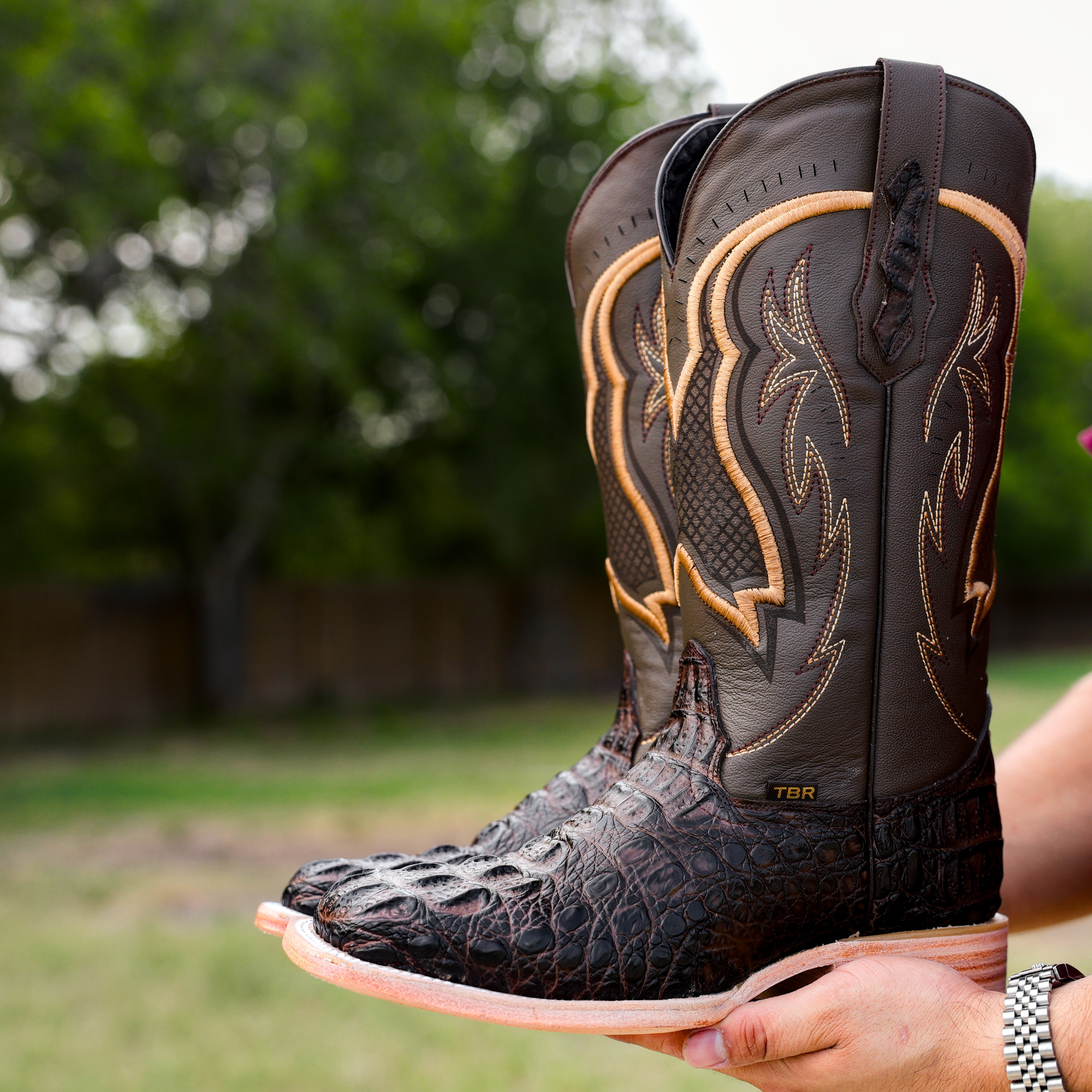 Chocolate Brown Caiman Neck Leather Boots - Square Toe