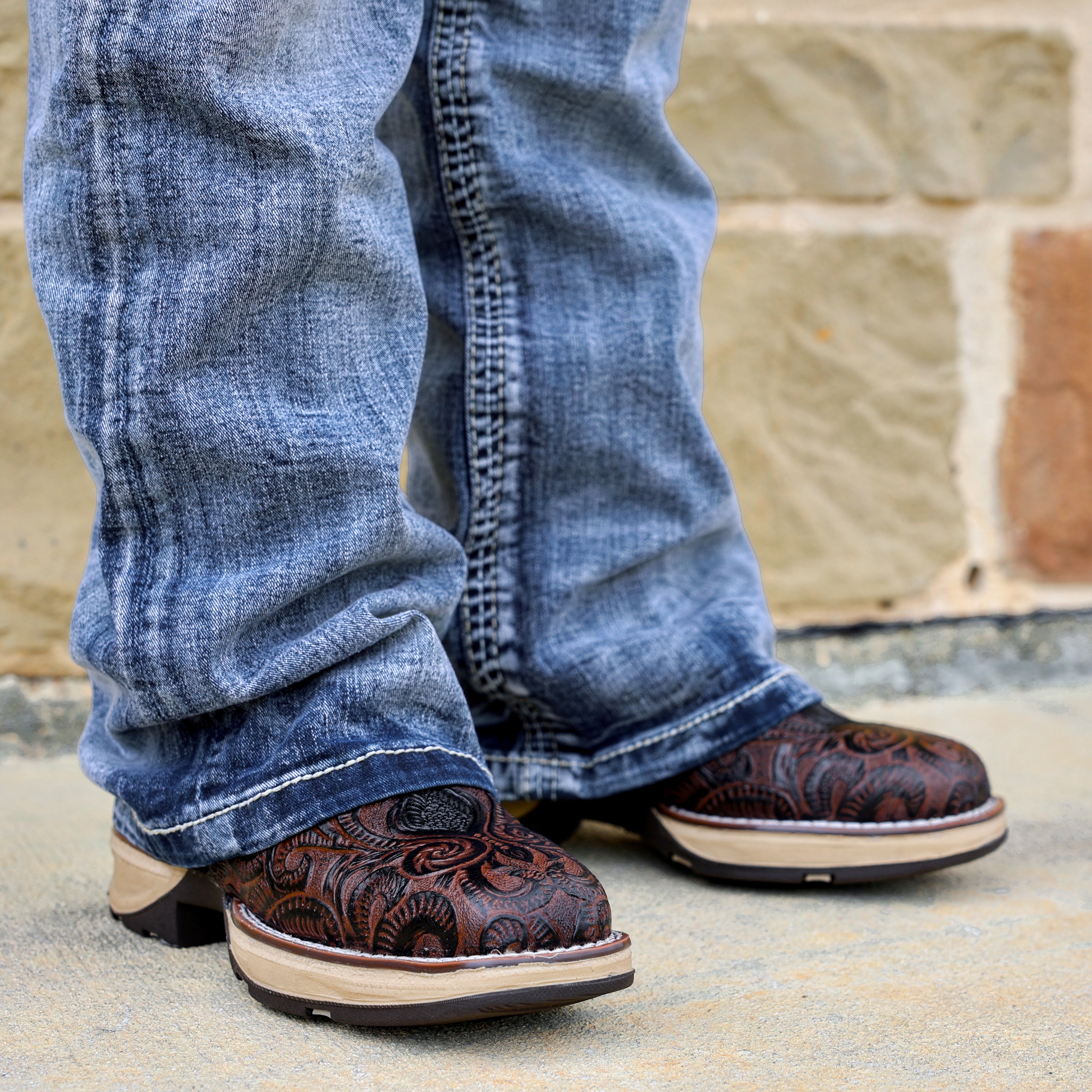 Brown Hand-Tooled Leather Boots With 3D Lightweight Sole - Composite Toe