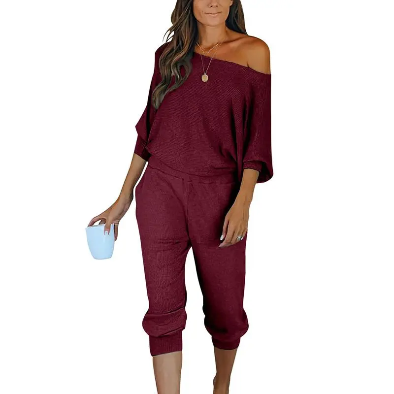 Women's 2-Piece Set Ribbed Knit Off Shoulder Tops Lounge Pants Tracksuit