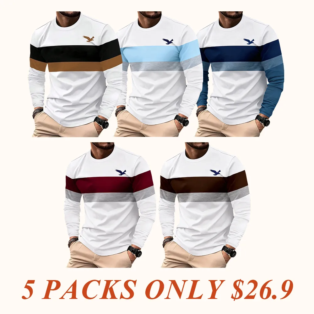 A new autumn and spring color-blocked business style men's casual printed long-sleeved T-shirt top
