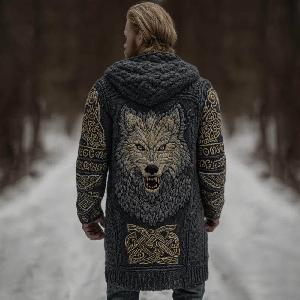 Men's Viking Style Celtic Knot Wolf Head Pocket Midi Cardigan