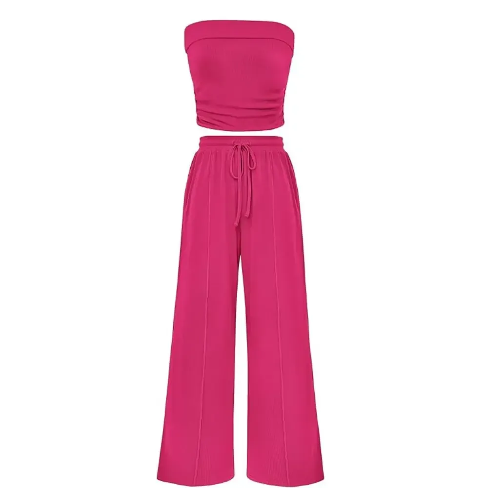 Womens Summer Outfits 2 Piece Sets Casual Ribbed Knit Crop Tube Top Wide Leg Pants