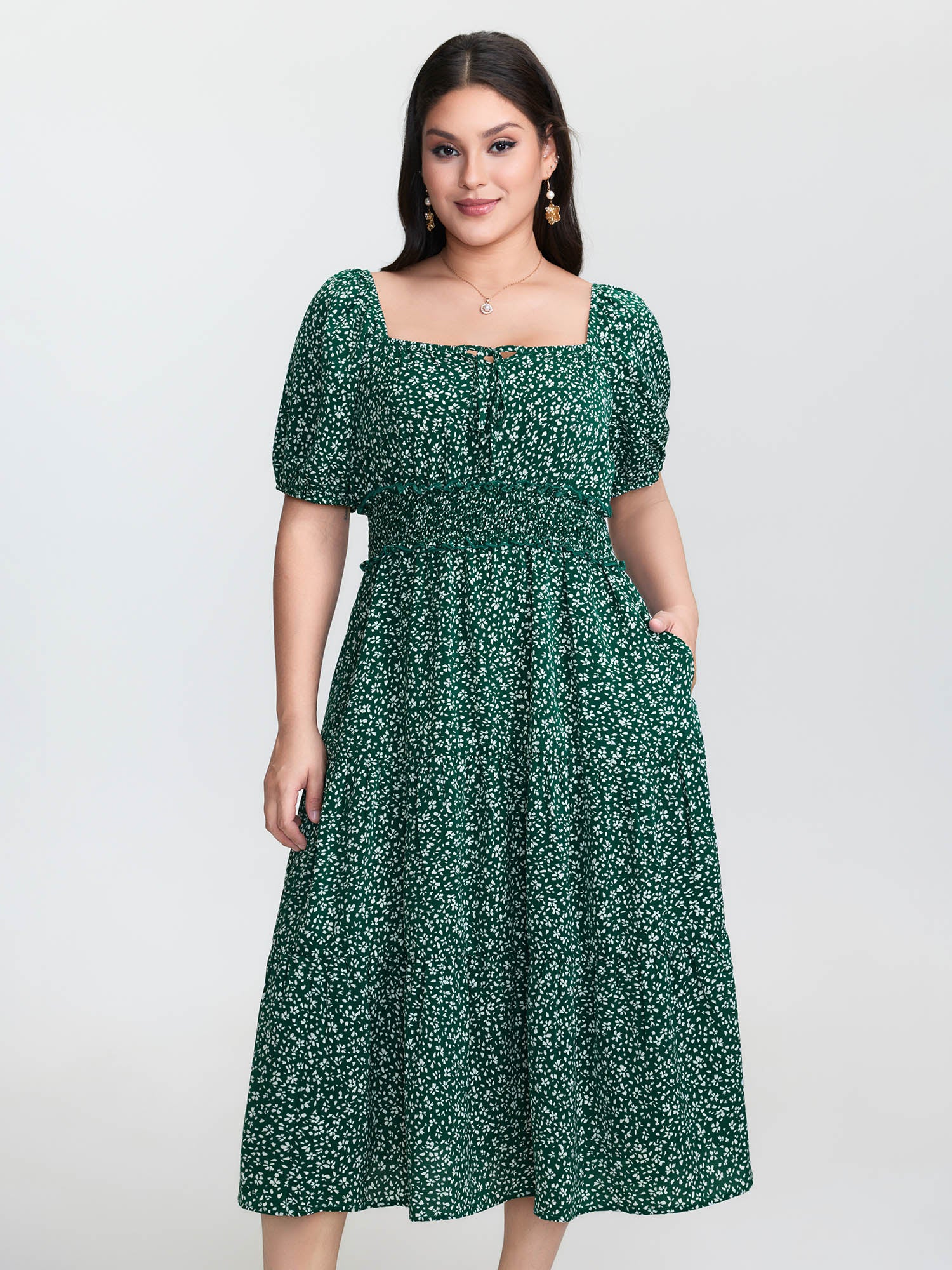 Floral Print Shirred Waist Midi Dress