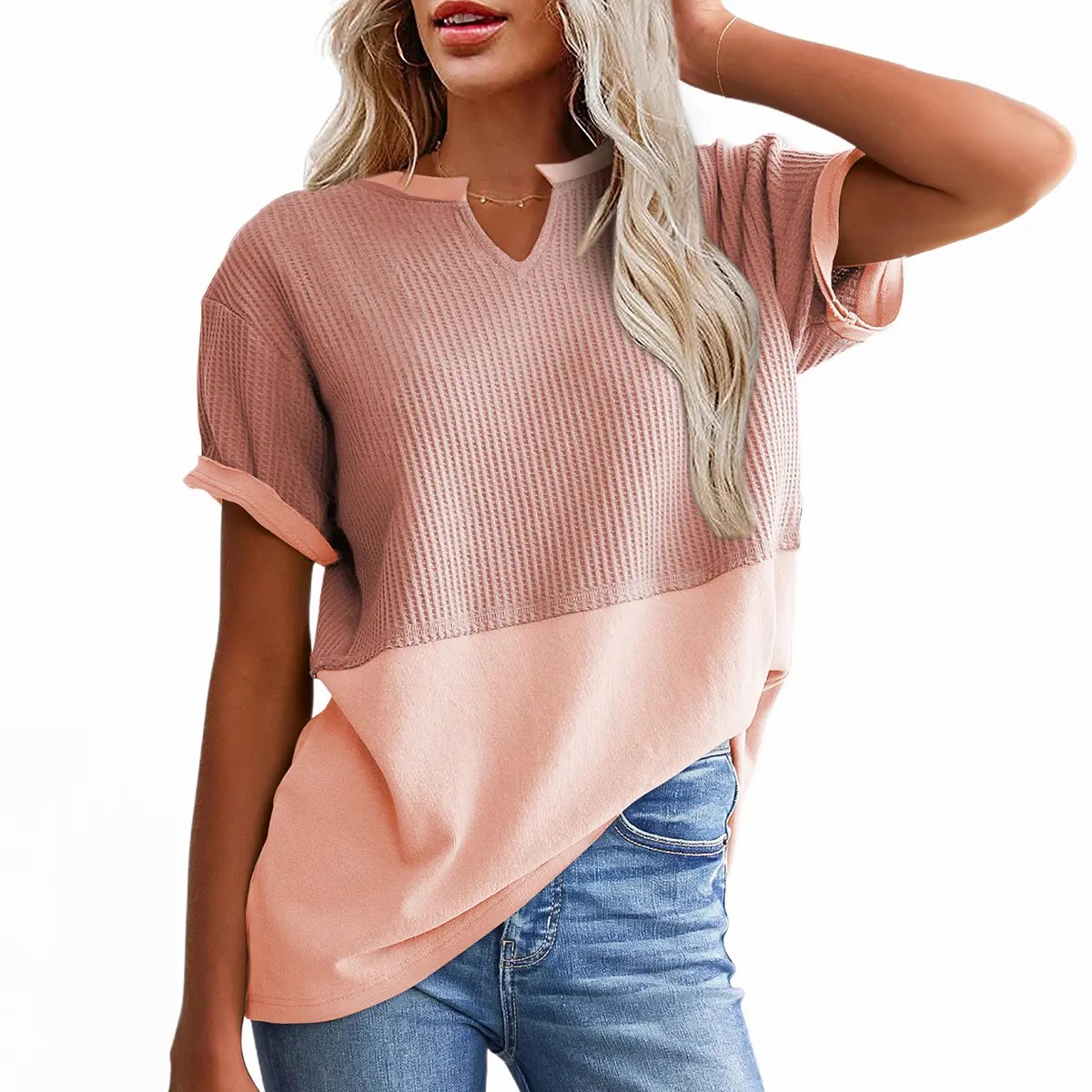 2026 Spring/Summer Cozy Oversized Waffle Knit V-Neck Short Sleeve Pullover Tunic