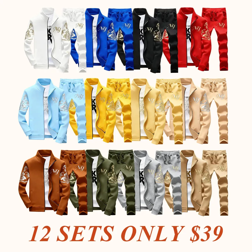 Men's Embroidery Stand Collar Tracksuit 2-Piece Full Zip Sportswear for Daily Casual Yellow Sweatsuit Matching Set