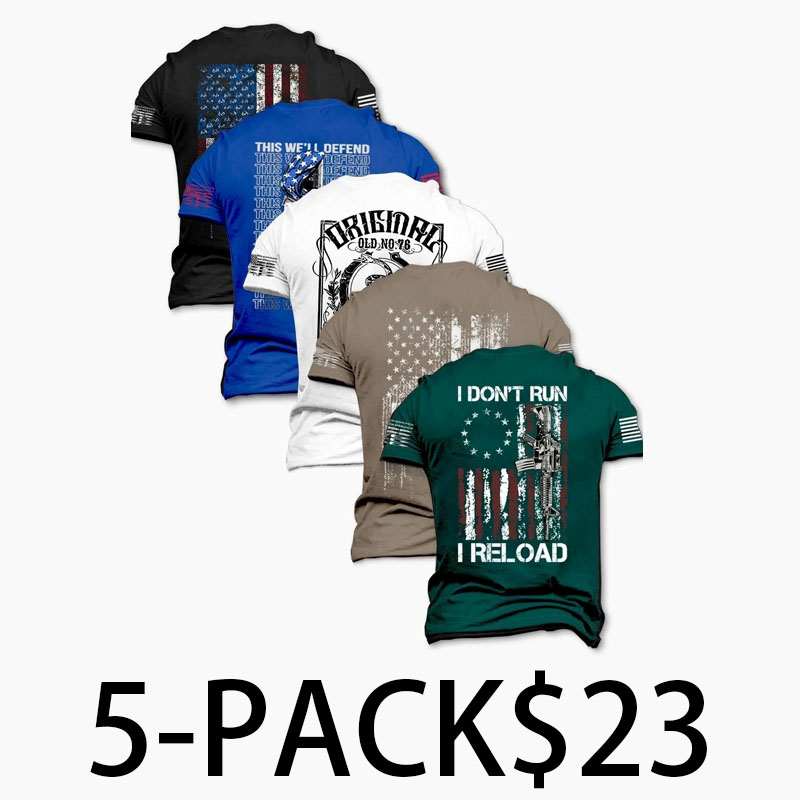 Men's 5-Pack Flag Print T-Shirts – Fitted Short Sleeve Casual Summer Tees