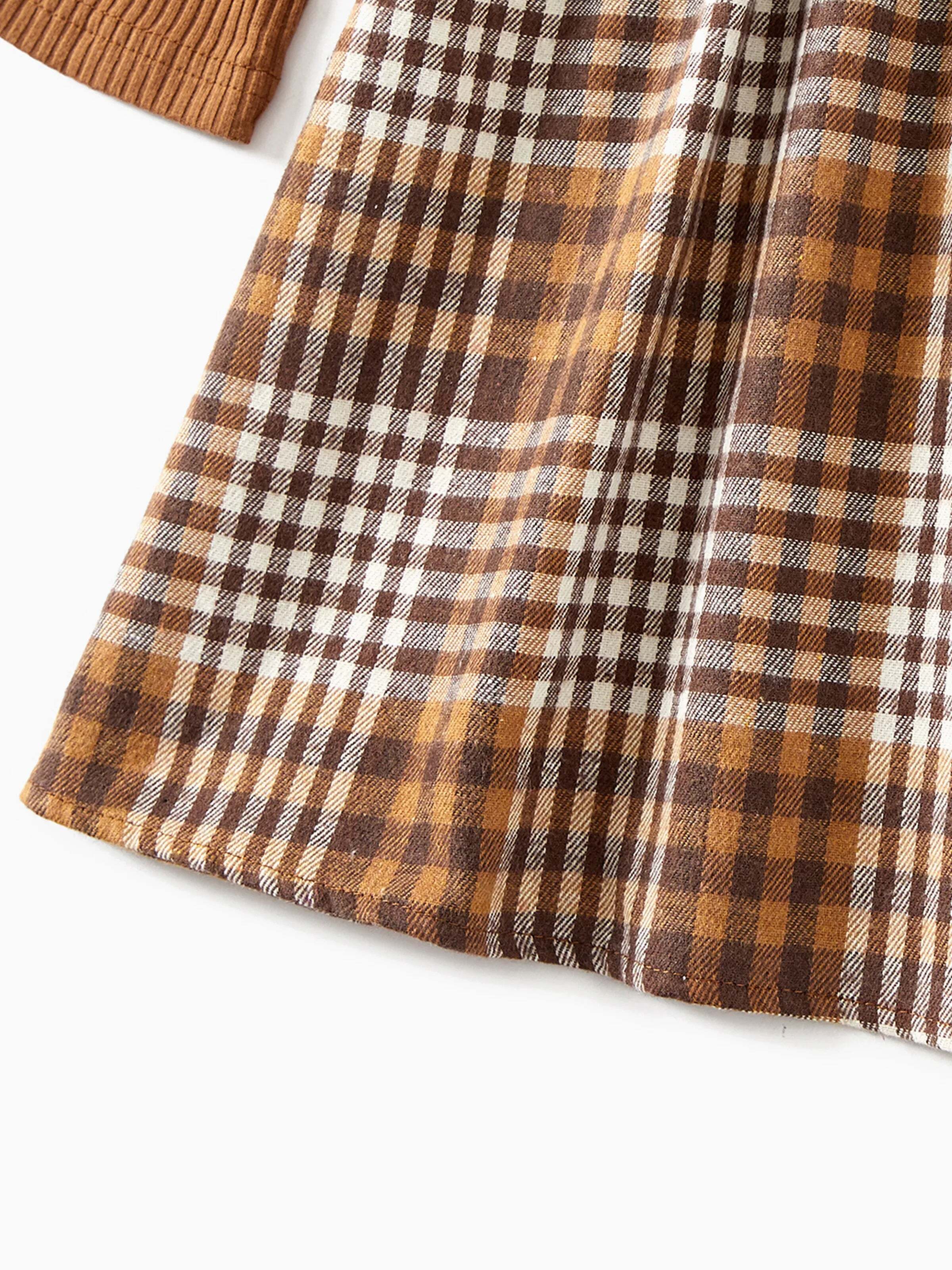 Family Matching Coffee Ribbed Spliced Plaid Belted Dresses and Long-sleeve Colorblock Tops Set Coffee