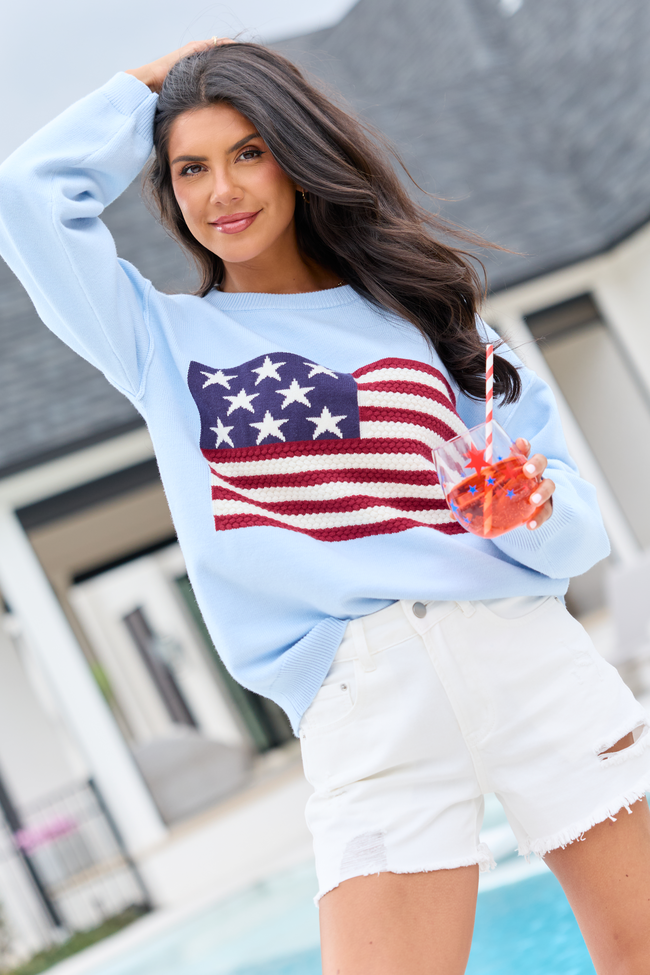 Home Of The Free Light Blue Textured Flag Sweater
