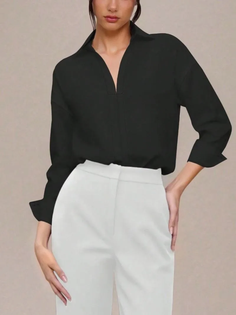 Women's casual loose V-neck long-sleeved shirt jumpsuit, elegant woven fabric, slim fit