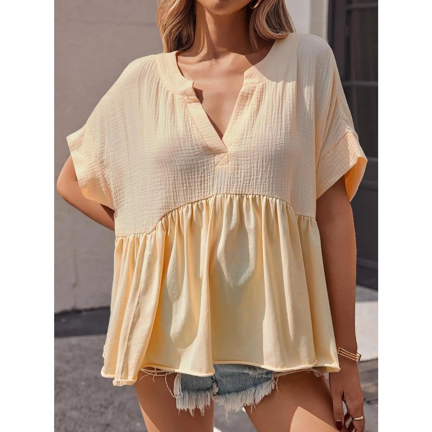Womens Summer Babydoll Tops V Neck Short Sleeve Pleated Flowy Shirts Casual Loose Fit Peplum Blouse