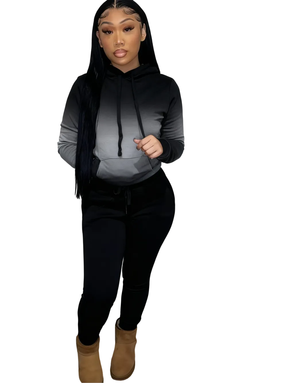 Women's drawstring hoodie and pocket sweatpants two-piece set