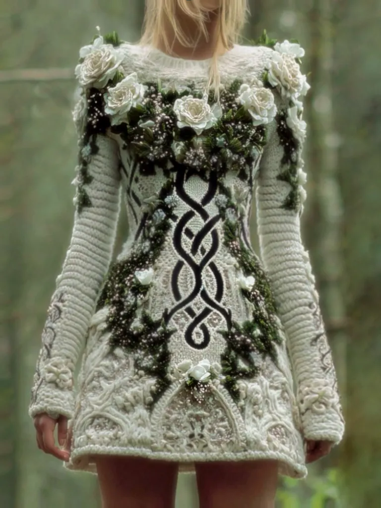 Women's Viking Celtic Knot With Rose And Moss Art Cozy Knit Mini Sweater Dress
