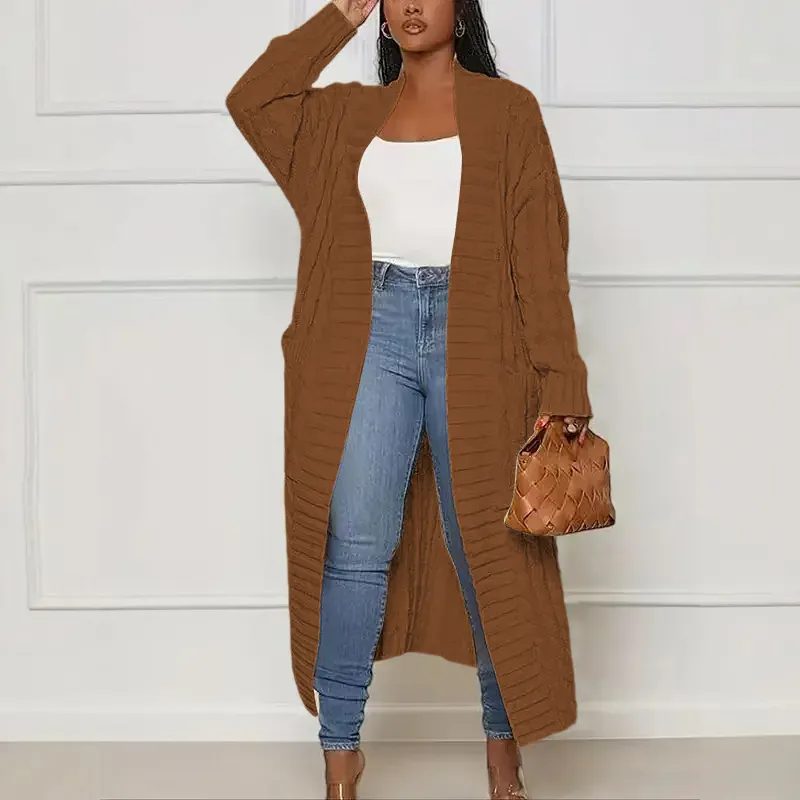 Women's Solid Color Textured Drop Shoulder Pocket Longline Cardigan