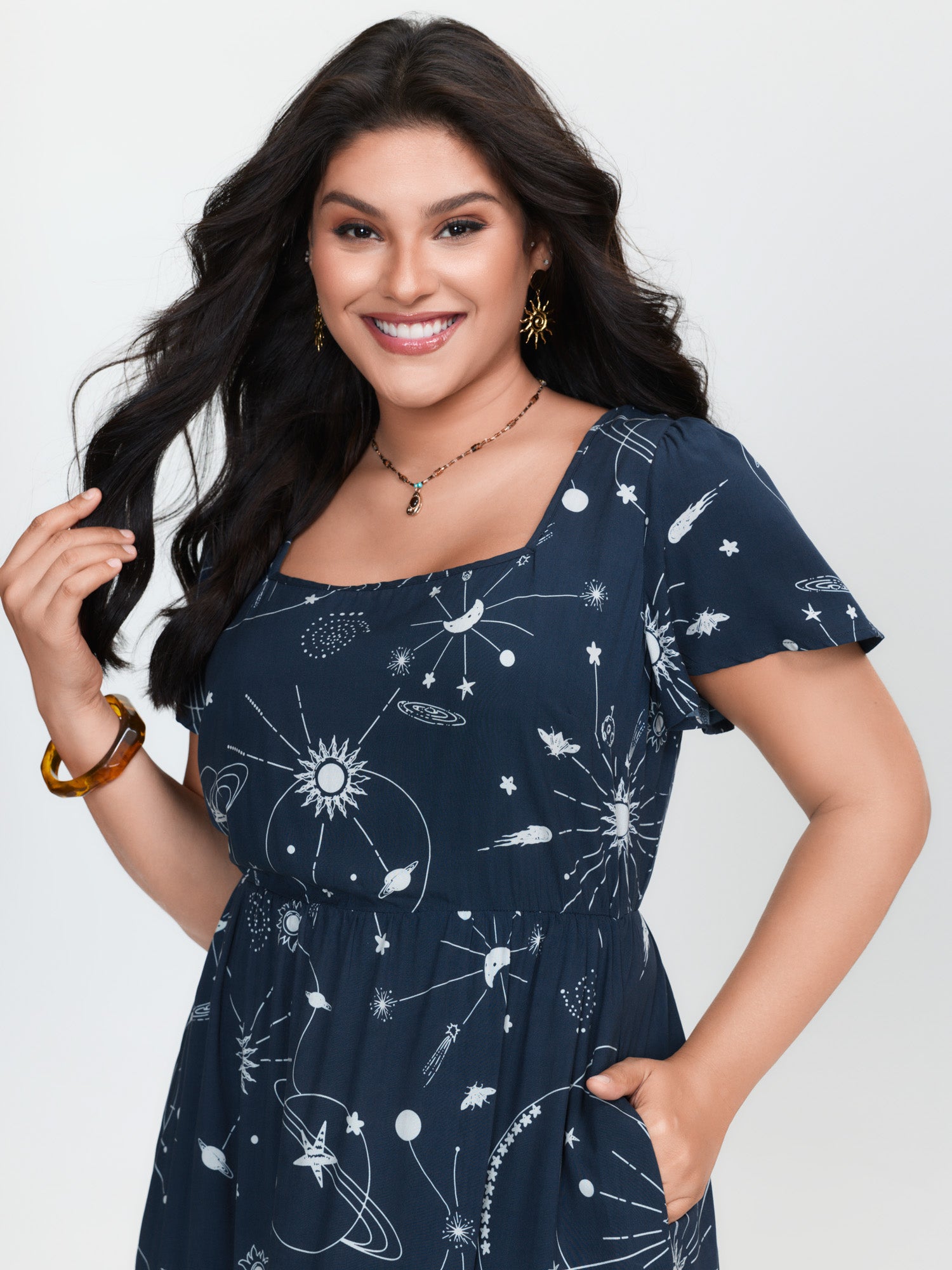 Galaxy Print Lotus Leaf Sleeve Maxi Dress