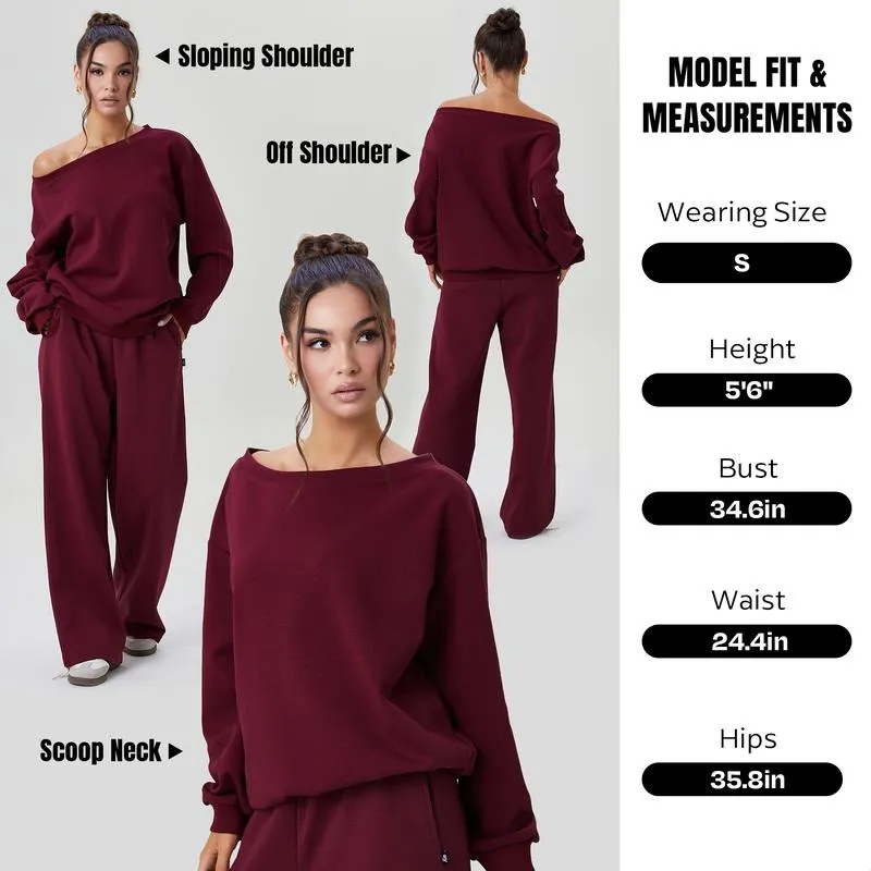 Women's Leisure Solid Color Sloping Shoulder Long Sleeve Top & Wide Leg Trousers Co-ord