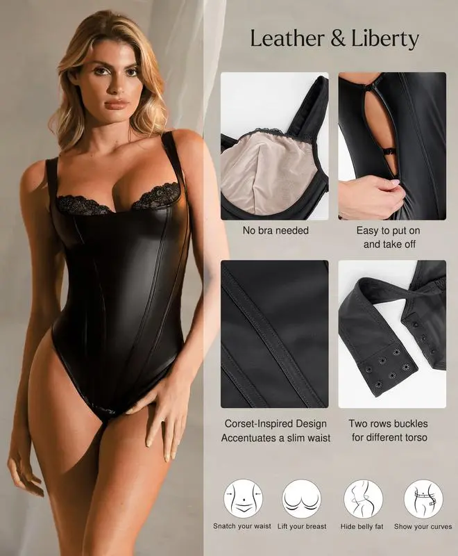 Leather Corset Top bodysuit Lace Trim Shapewear Tummy Control Bustier