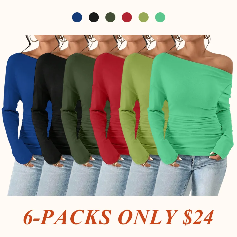 Women's Plain Ruched Asymmetrical Neck Drop Shoulder Tee