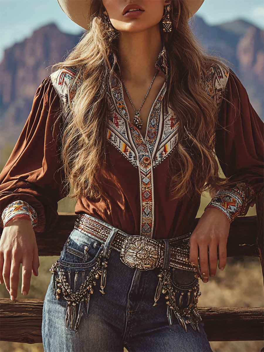 Women's Vintage Casual Western Long Sleeve Shirt