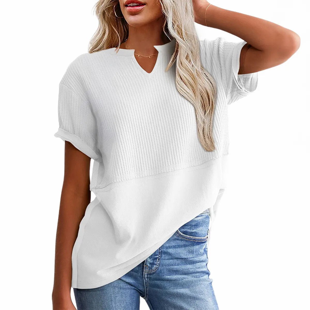 2026 Spring/Summer Cozy Oversized Waffle Knit V-Neck Short Sleeve Pullover Tunic