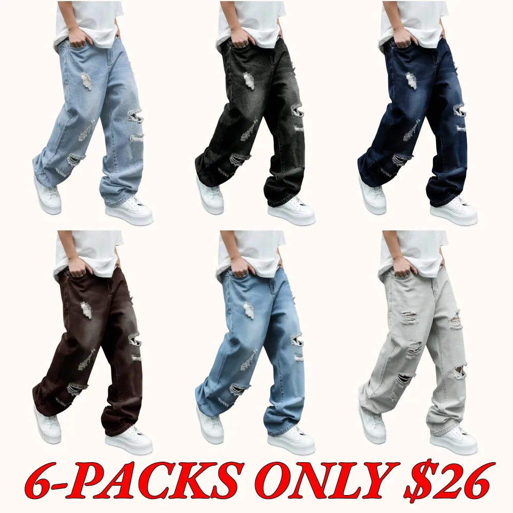 Men's Trendy Loose-Fit Jeans: American Retro-Style Distressed, Casual Wide-Leg Flared Denim