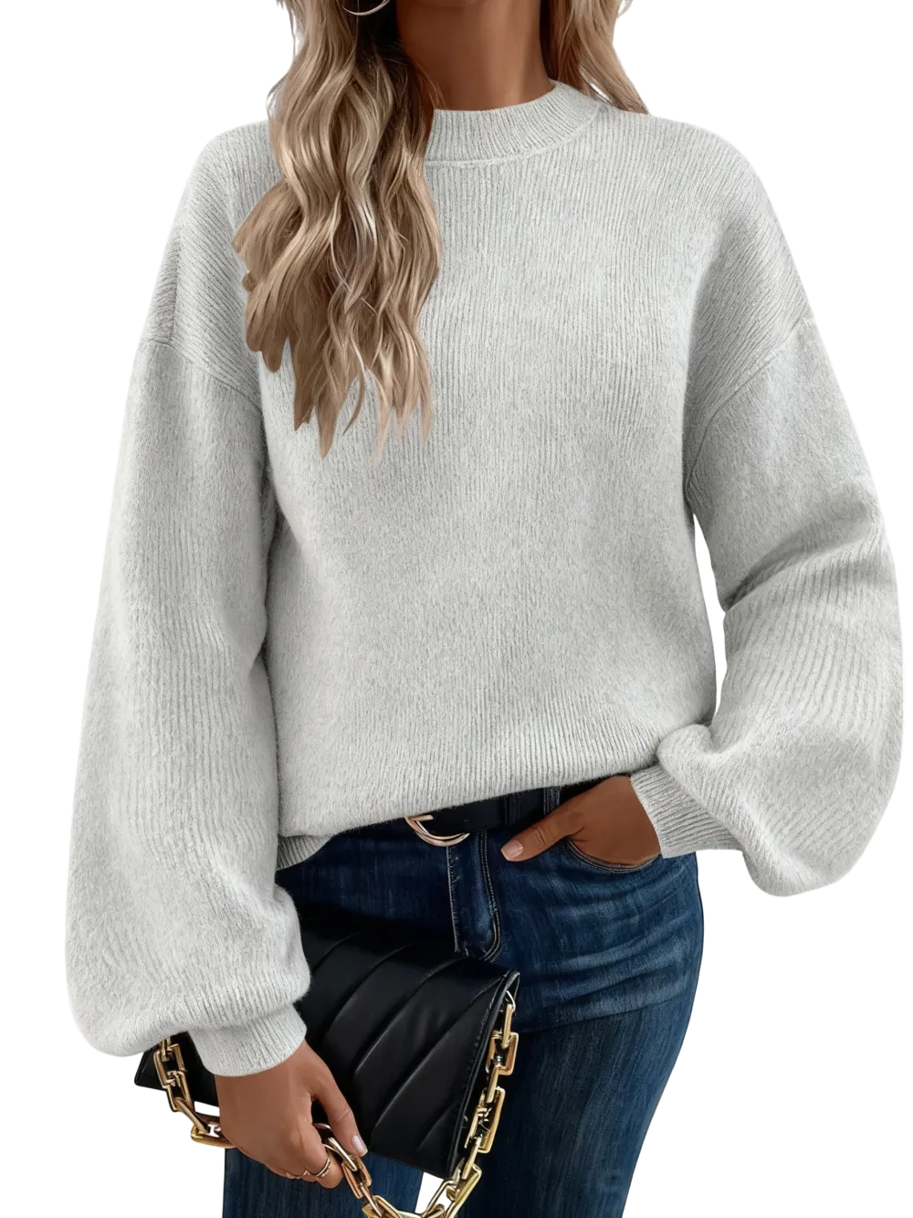 Women's high-neck long-sleeved loose lantern knit sweater